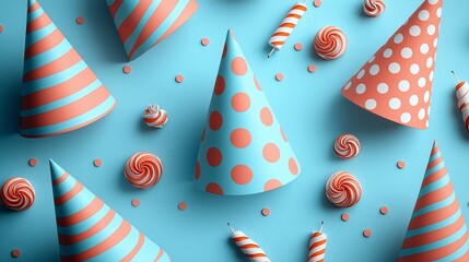 Obraz premium Festive pastel party hats, candles, and candies on a light blue background