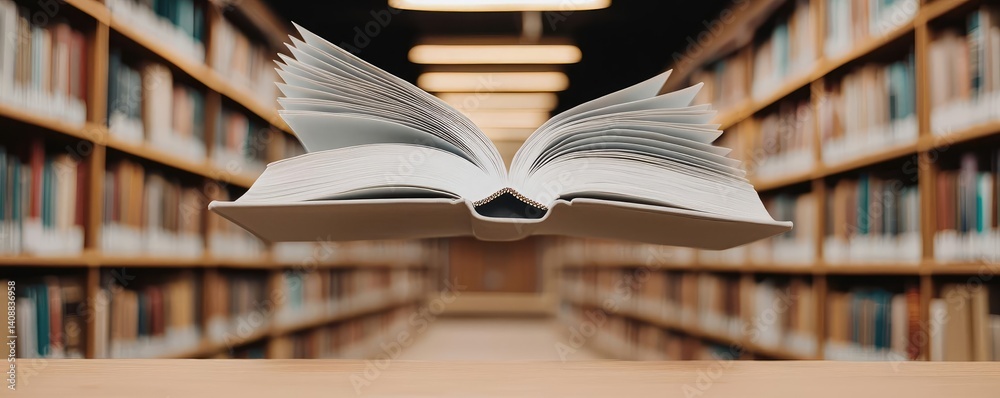 Poster Books floating in the air on a library and shelf concept. Floating open book in a library, symbolizing knowledge and learning.