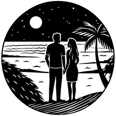 A silhouette of a couple standing on a beach, watching the sunset