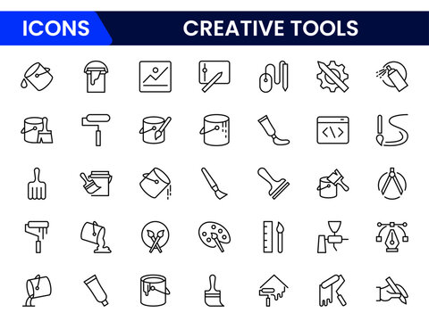 Vector illustration web line icon collection showcasing creative tools paintbrush, pencil, pen, ruler, palette, scissors, camera, lightbulb, idea, and design elements. - Powered by Adobe