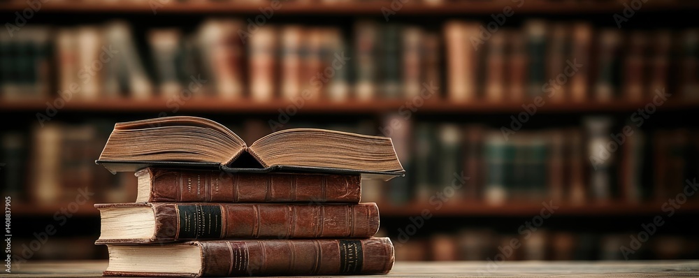 Poster books floating in the air on a library and shelf concept. stack of vintage books with an open book i