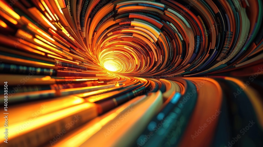 Poster Books floating in the air with a focus on literature and cognition concept. An abstract view of vibrant colors swirling around a light source.