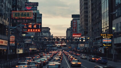 Heavy traffic jam on busy city street in Asian metropolis with neon signs and tall buildings at dusk, showing urban transportation, congestion, local culture, and fast-paced modern city lifestyle.