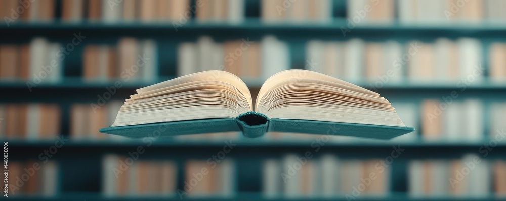 Poster books floating in the air with flying and education concept. an open book floating in front of a blu