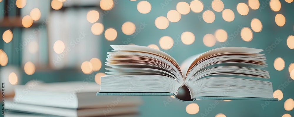 Poster books floating in the air with flying and education concept. an open book surrounded by a warm, invi