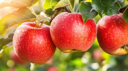 Obraz premium Ripe red apples hanging from branches in an orchard. Sunlight highlights the fruit, glistening with droplets