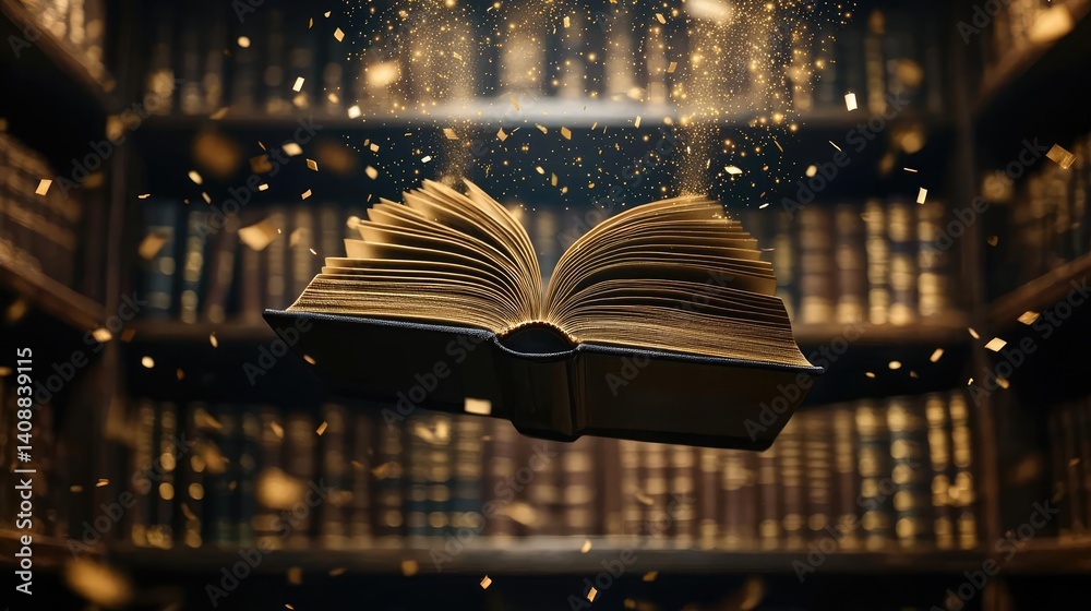 Poster books floating in the air on a library and shelf concept. an open book surrounded by ethereal golden