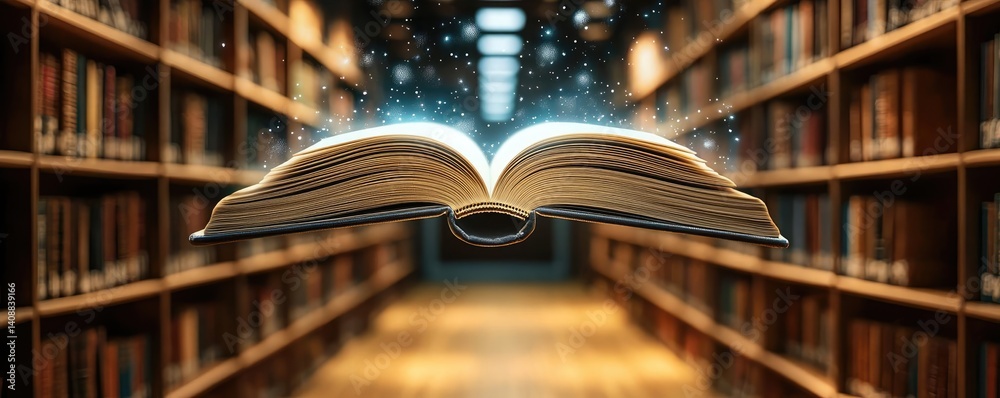 Poster Books floating in the air with a focus on literature and cognition concept. An open book levitating amidst a mystical library environment.