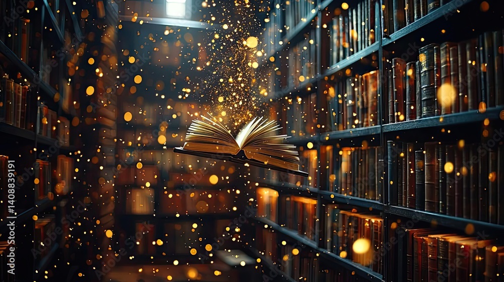 Poster books floating in the air on a library and shelf concept. an enchanting library with a glowing book 