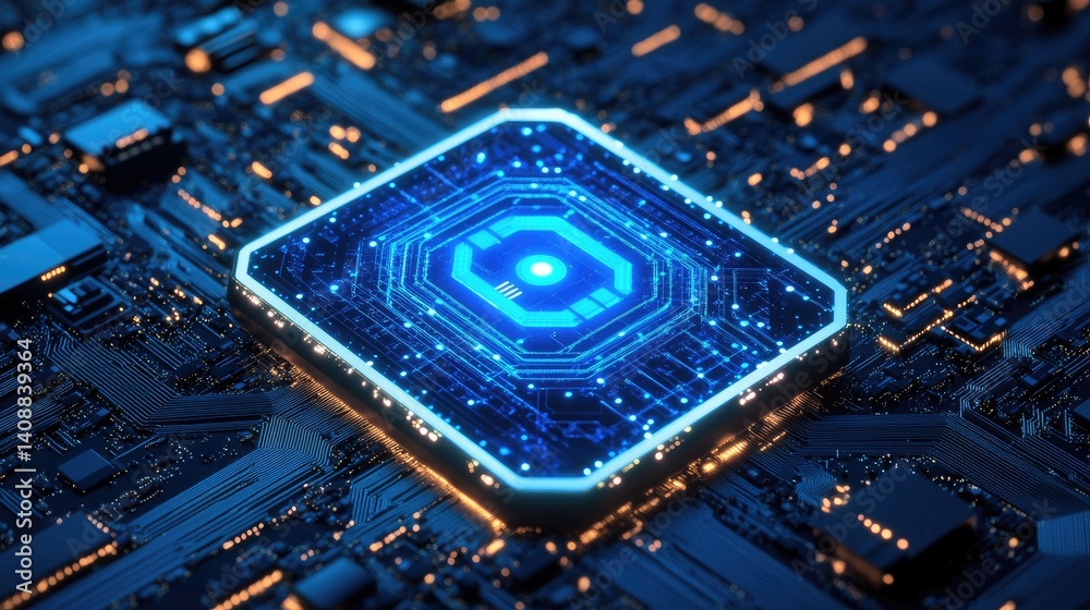 Poster glowing ai neural matrix interface against dark blue background with tech elements
