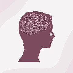 Psychotherapy, stress and psychosis. A human head with a tangled ball of nerves, scribbles symbolizing a depressed state of a person. Psychological help and mental health. Personality disorder