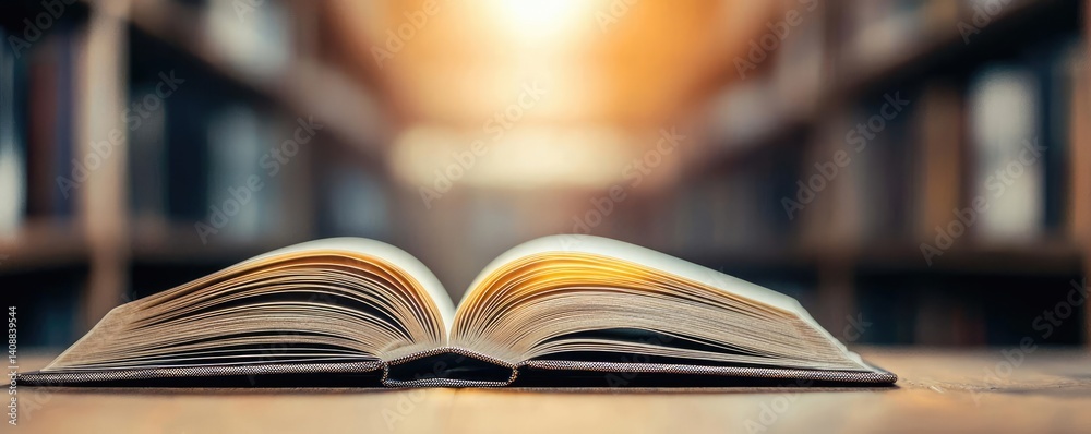Poster books floating in the air on a library and shelf concept. an open book resting on a wooden table in 