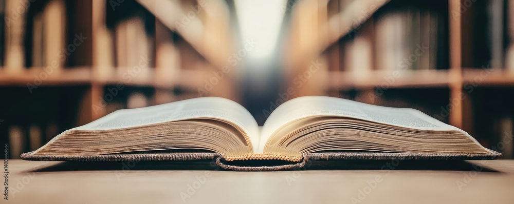 Poster books floating in the air on a library and shelf concept. open book on a table with bookshelves in t