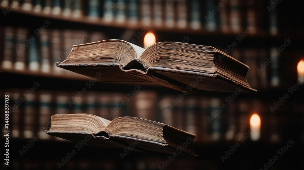 Aufkleber books floating in the air on a library and shelf concept. a mystical scene with floating books in a 
