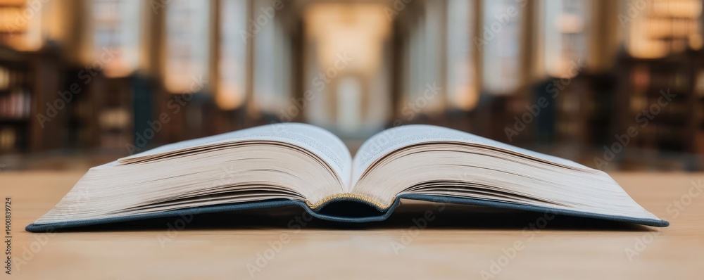 Poster books floating in the air with flying and education concept. an open book on a table in a serene lib