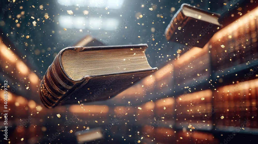 Poster Books floating in the air with a focus on literature and cognition concept. Floating books in a library, surrounded by shimmering particles.