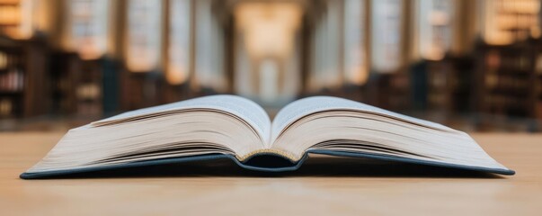 Books floating in the air with flying and education concept. An open book on a table in a serene library setting.