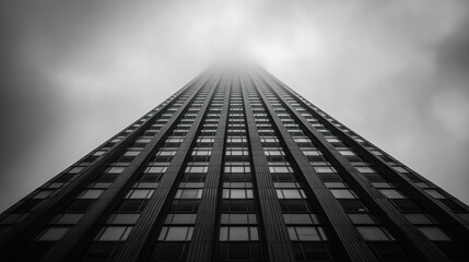Geometric building facade in mist