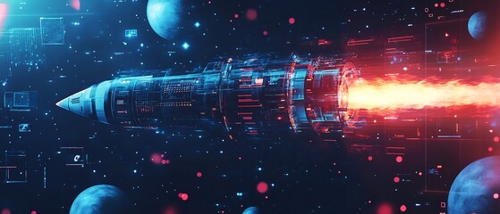 Futuristic rocket ship launching into deep space surrounded glowing exhaust trail distant planet Space exploration advanced technology take center stage augmented reality element like satellite