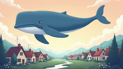 Gentle Giant Whale Soaring Over Serene Village Landscape