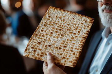 Matzah for Passover: A close-up shot of a person holding a piece of matzah, a traditional unleavened bread eaten during Passover. The matzah's texture and details are clearly visible.  