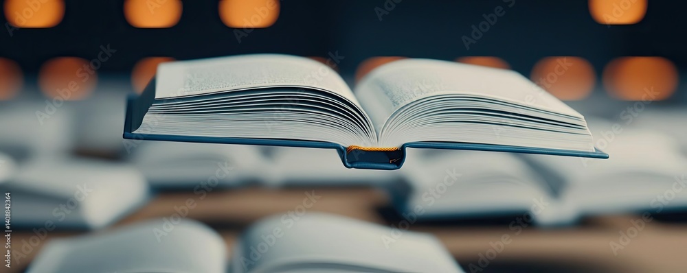 Poster books floating in the air with flying and education concept. an open book hovers in mid-air, symboli