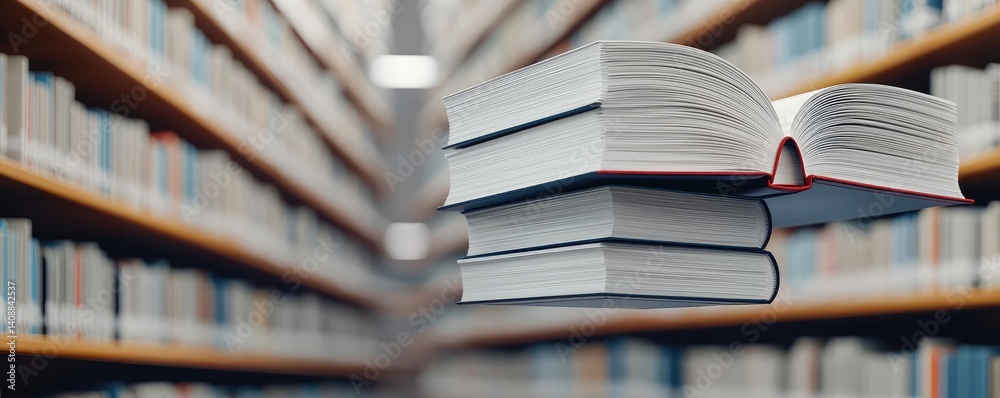 Poster Books floating in the air with flying and education concept. A stack of books in a library, representing knowledge and learning.