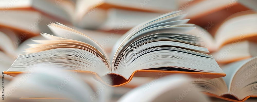 Poster books floating in the air on a library and shelf concept. a close-up view of open books creating a s