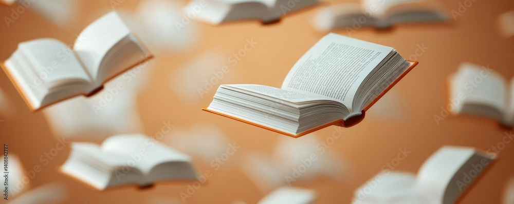 Poster books floating in the air on a library and shelf concept. floating books create a magical and inspir