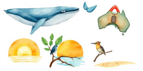 Fototapeta premium Watercolor Australian Wildlife Whale Birds Sunset Map