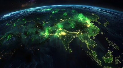 Fototapeta premium 3D cyber space world with neon colored global network and energy technology power visualizations