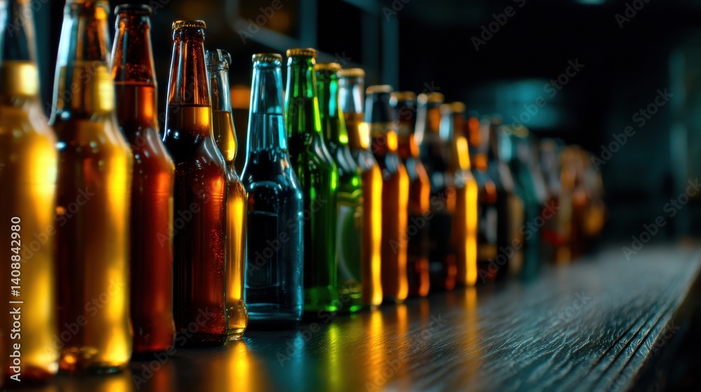 Poster A row of beer bottles on a bar counter