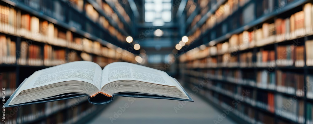 Poster books floating in the air on a library and shelf concept. an open book floating in a library, symbol