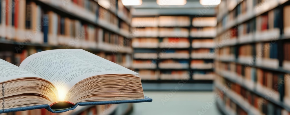 Poster books floating in the air on a library and shelf concept. an open book in a library, highlighting th