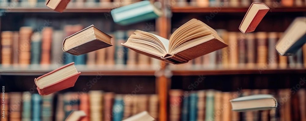 Poster books floating in the air on a library and shelf concept. books floating above a library shelf, repr