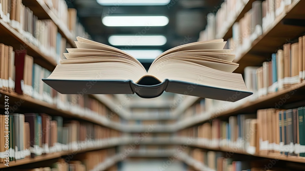 Poster books floating in the air with flying and education concept. a floating book in a library symbolizes