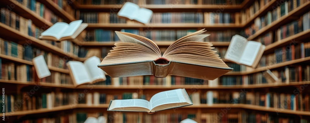 Poster books floating in the air on a library and shelf concept. floating books in a library create a magic