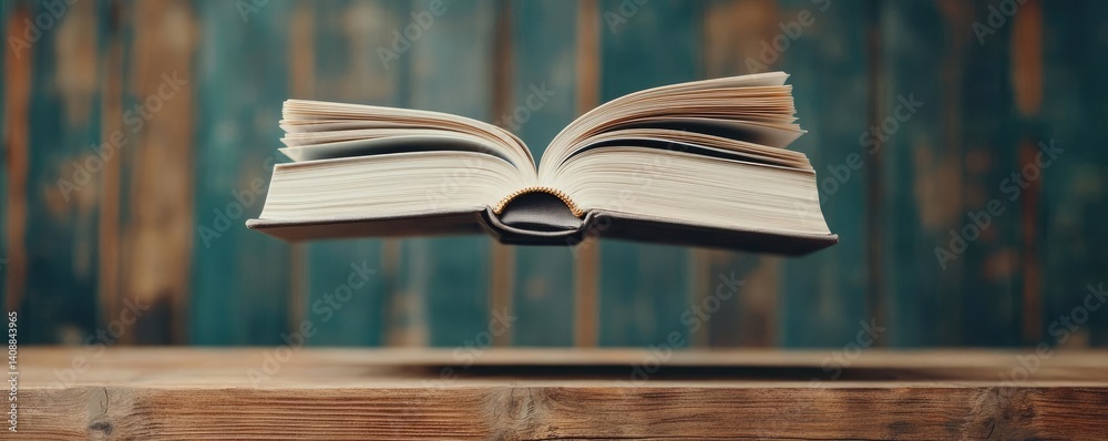 Aufkleber Books floating in the air with a focus on literature and cognition concept. An open book floating above a wooden table against a rustic backdrop.