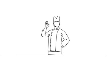 Continuous one line drawing of Young man Chef. Single line drawing illustration of chef with uniform. Hotel and restaurant decoration concept vector art. Doodle line illustration.
