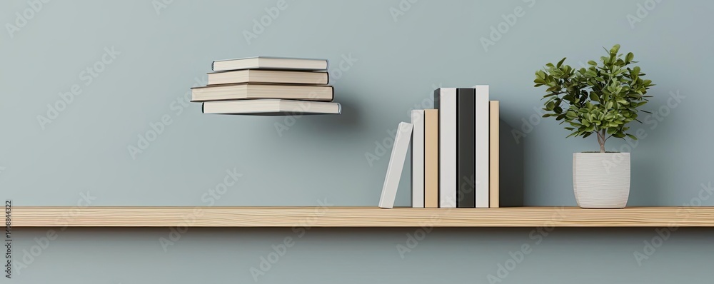 Poster Books floating in the air on a library and shelf concept. Minimalistic shelf with books and a potted plant on a wall.