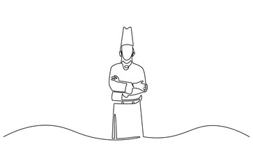 Continuous one line drawing of Young man Chef. Single line drawing illustration of chef with uniform. Hotel and restaurant decoration concept vector art. Doodle line illustration.