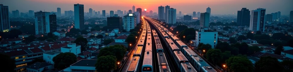 Aerial view of Bangkok city with busy subway station at dusk, skyline, Bangkok, Thailand