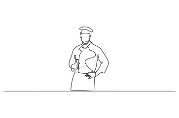 Continuous one line drawing of Young man Chef. Single line drawing illustration of chef with uniform. Hotel and restaurant decoration concept vector art. Doodle line illustration.