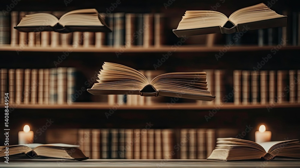 Aufkleber Books floating in the air with a focus on literature and cognition concept. A mystical scene of floating books in a cozy library setting.
