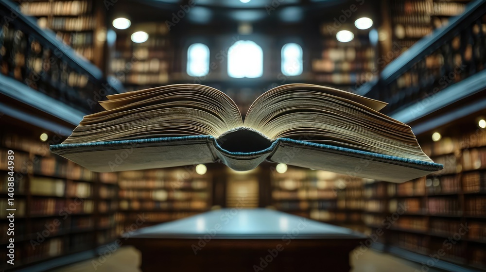 Poster Books floating in the air with flying and education concept. An open book floating above a table in a grand library.