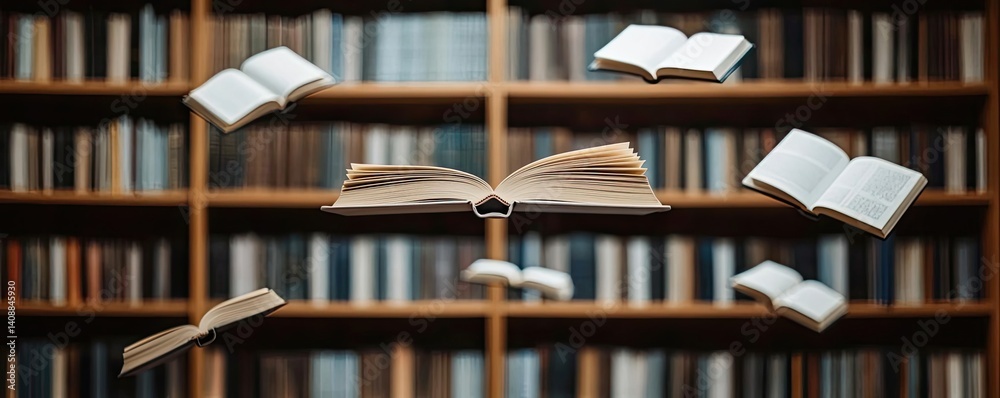Poster books floating in the air on a library and shelf concept. floating books in a library create a magic