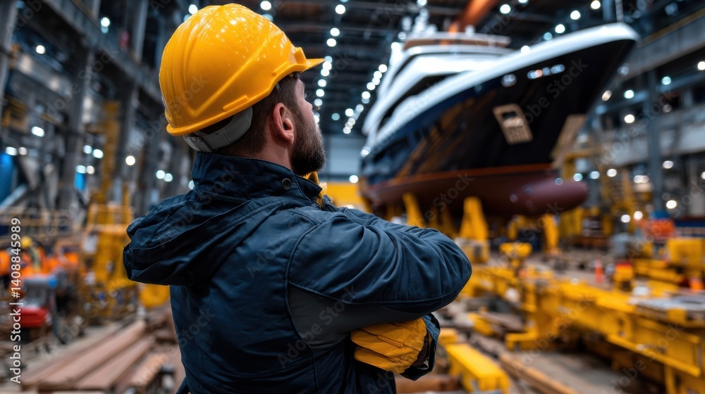 Poster a man in a yellow helmet is standing in front of a large ship