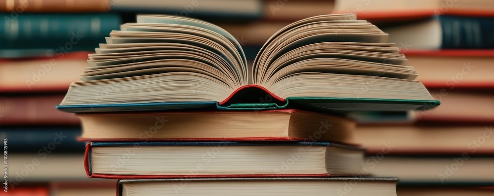 Poster books floating in the air with flying and education concept. an open book on a stack of books in a c