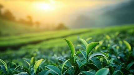 A scenic tea plantation in the morning mist, fresh tea leaves glistening under the sunrise