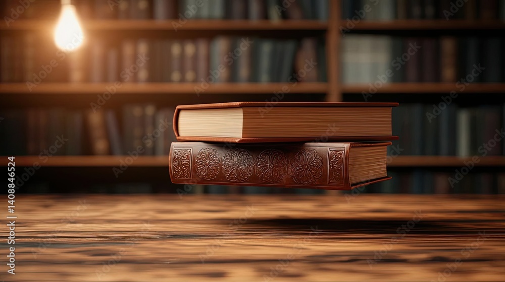 Aufkleber Books floating in the air with a focus on literature and cognition concept. Books floating above a wooden table with a warm light backdrop.